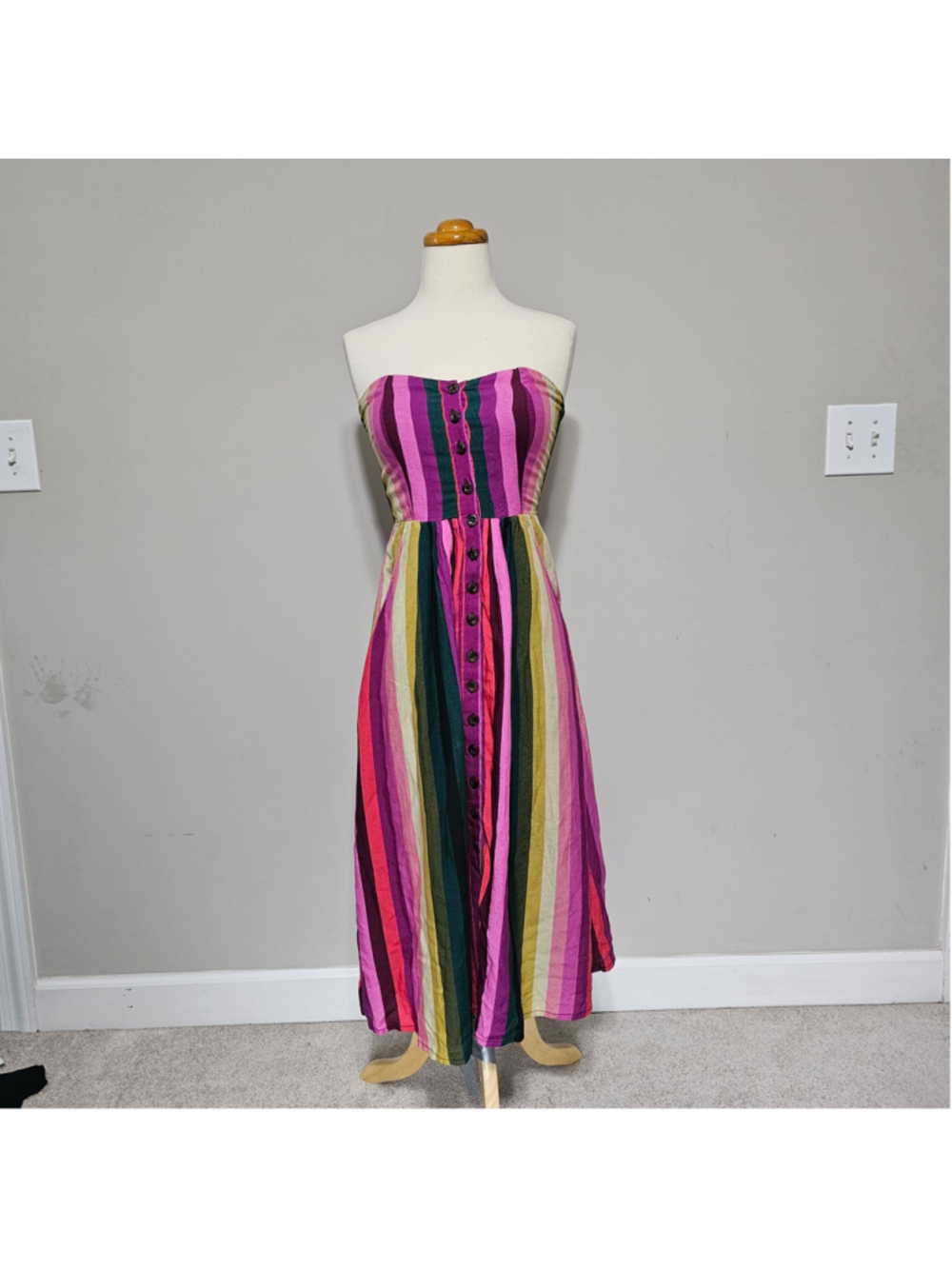 LPA Striped Strapless Smocked Maxi Dress XS Rainbow Boho Button Front